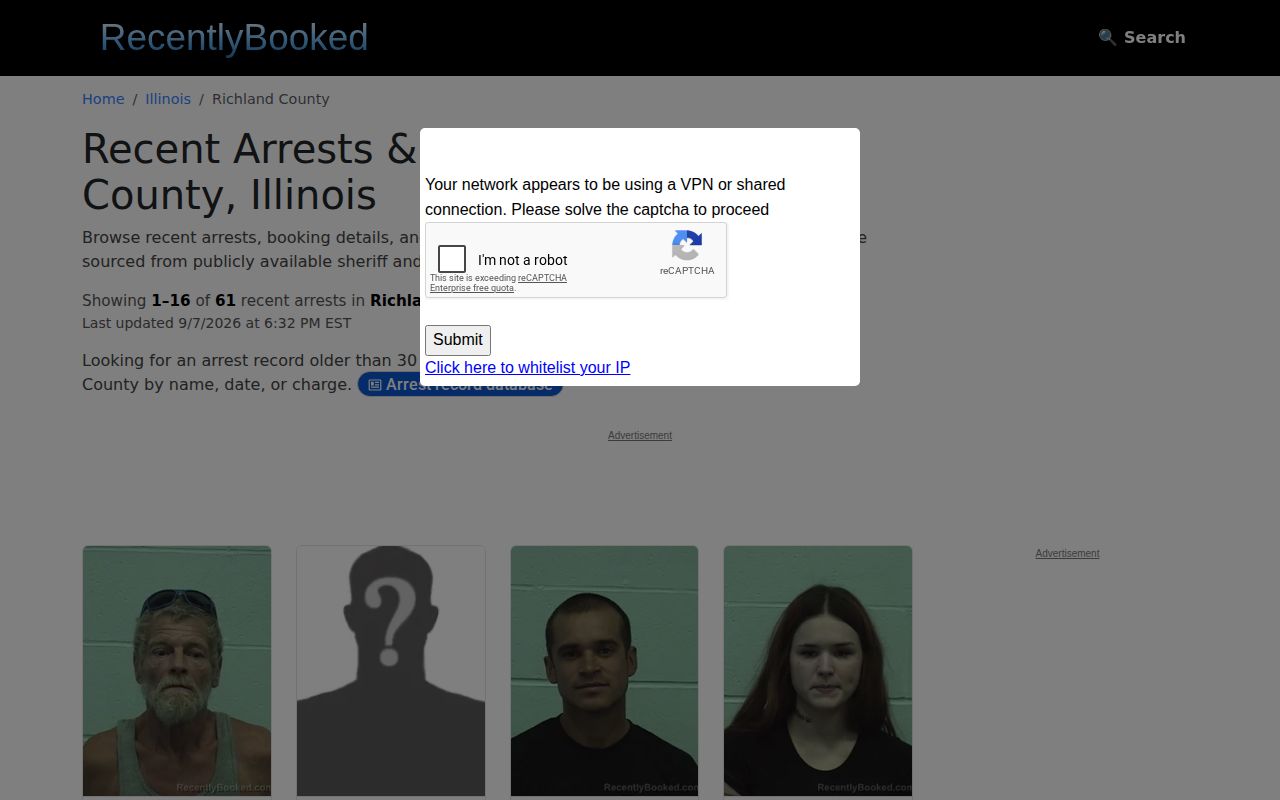 Unofficial RecentlyBooked Richland County page showing its claimed 30-day window